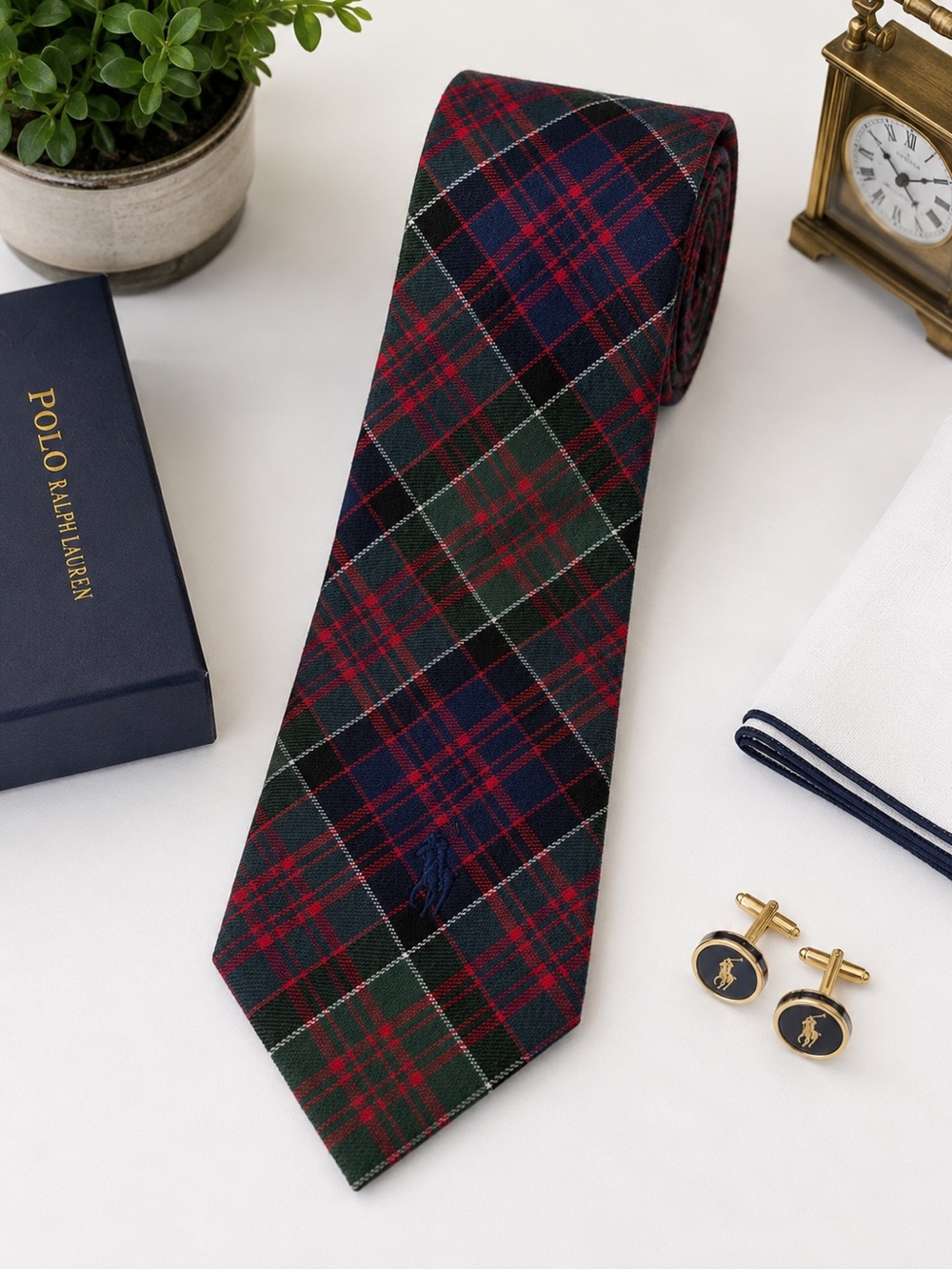Vtg Polo Ralph Lauren Tartan Tie Plaid 100% Cotton Pony Preppy Handmade in USA